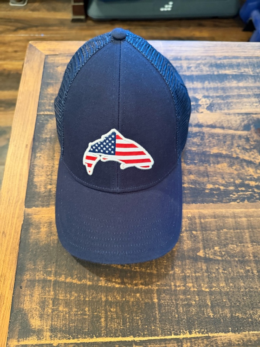 Simms Navy Mesh American Flag Fish Trucker Hat